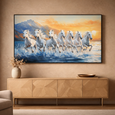 Sunset Gallop – White Horses Ocean Canvas Wall Art 48x24