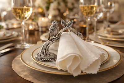 Bird on Branch Napkin Ring Set in Pure Silver Plating