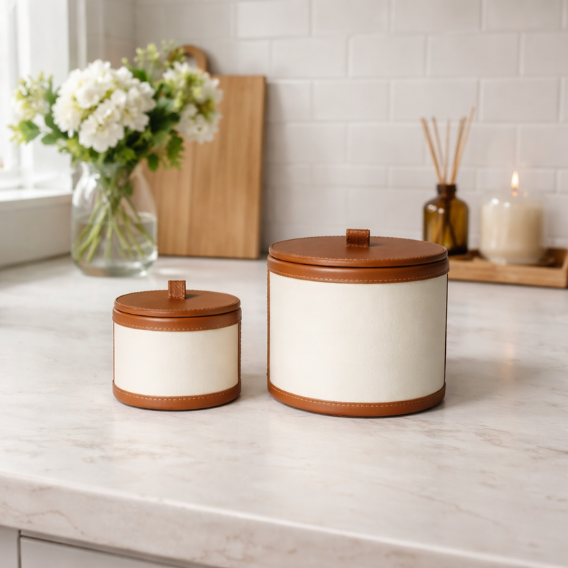 Leather Candle Holder combo set genuine leather cylindrical candle holders India - The Mage Home