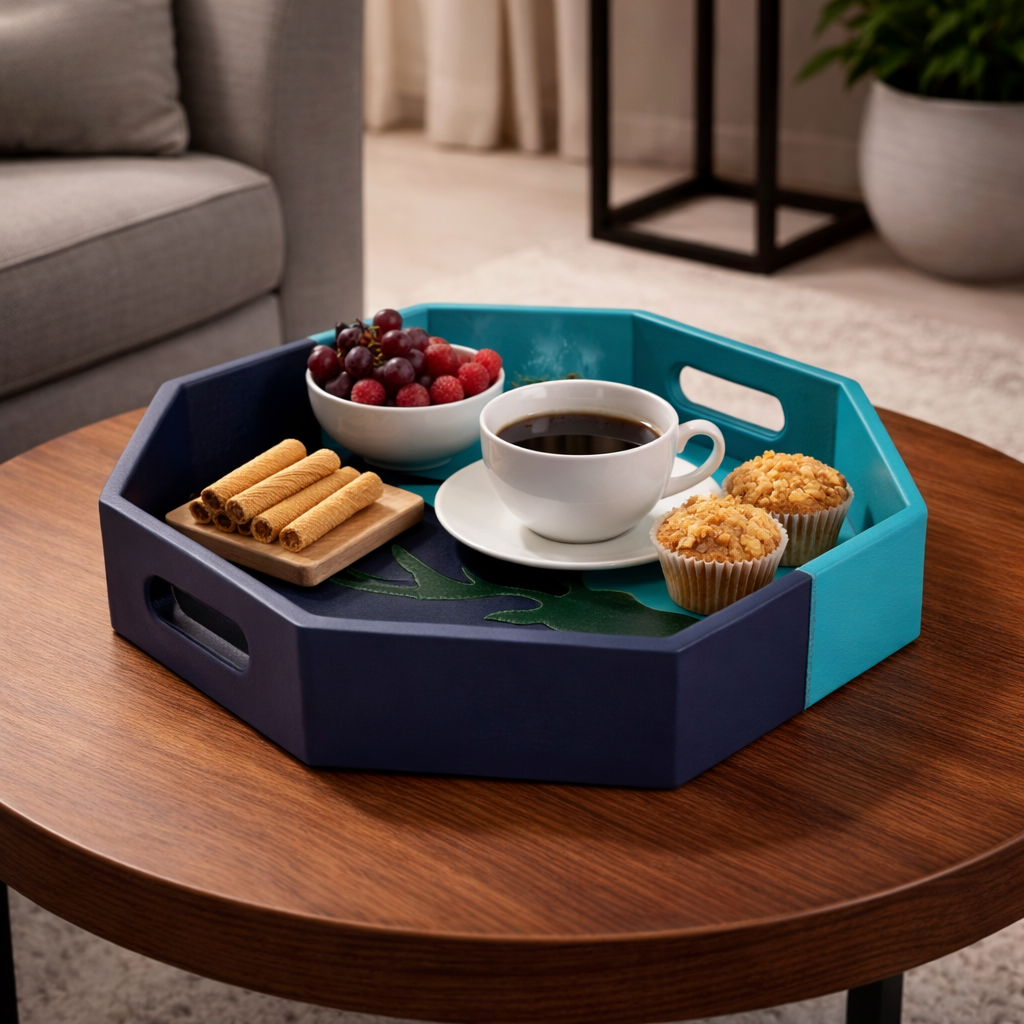 Blue Hexa Tray hexagonal blue leather organiser tray India - The Mage Home