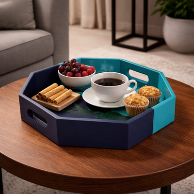 Blue Hexa Tray hexagonal blue leather organiser tray India - The Mage Home