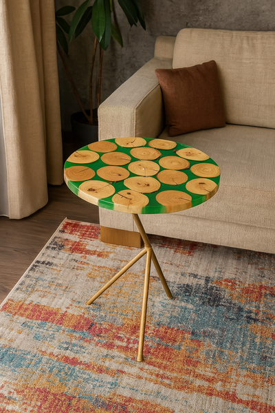 Handcrafted Round Epoxy Wood Side Table with Gold Tripod Base