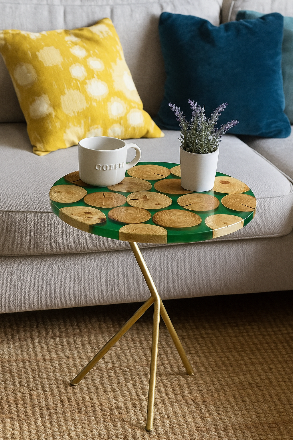 Handcrafted Round Epoxy Wood Side Table with Gold Tripod Base