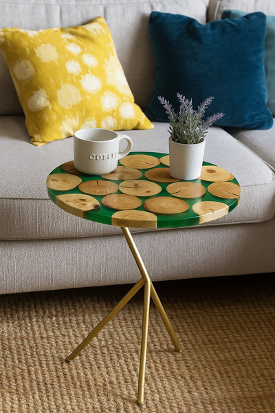 Handcrafted Round Epoxy Wood Side Table with Gold Tripod Base