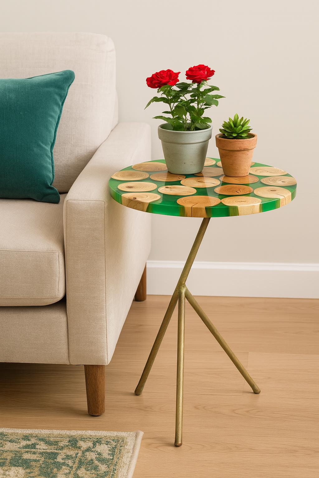 Handcrafted Round Epoxy Wood Side Table with Gold Tripod Base