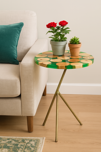 Handcrafted Round Epoxy Wood Side Table with Gold Tripod Base