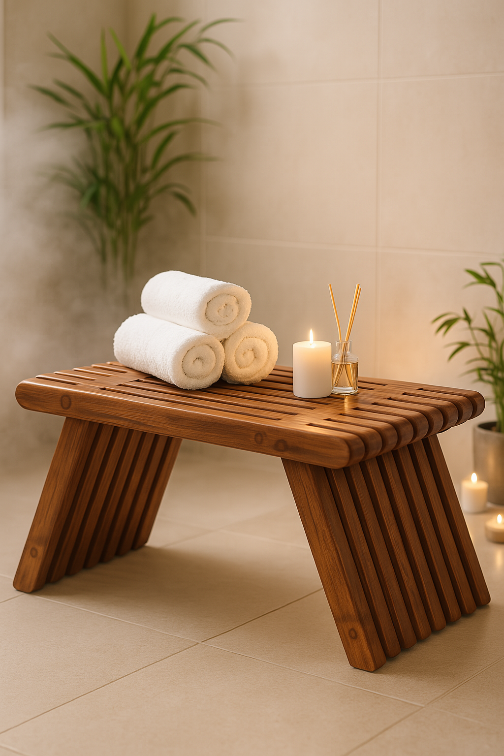 Modern Wooden Slatted Shower Bench