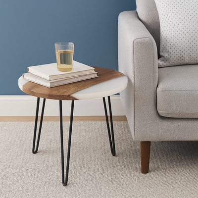 Round Side Table with Hairpin Legs, Wooden and Resin Top with Metal Base