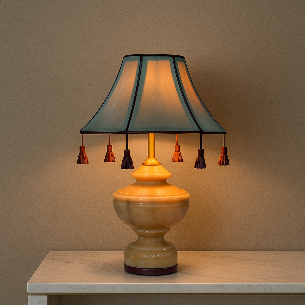 Solace table lamp close up leather shade detail India - The Mage Home