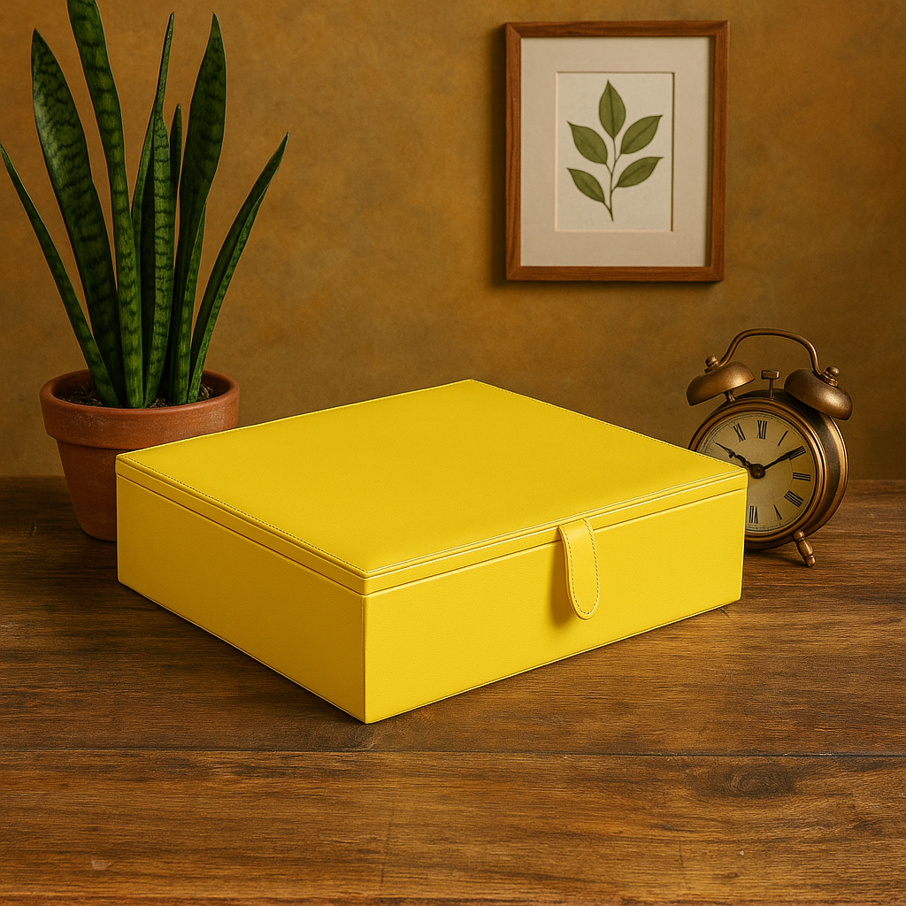 The Mellow Yellow Stationery Box bold yellow leather desk organiser - The Mage Home