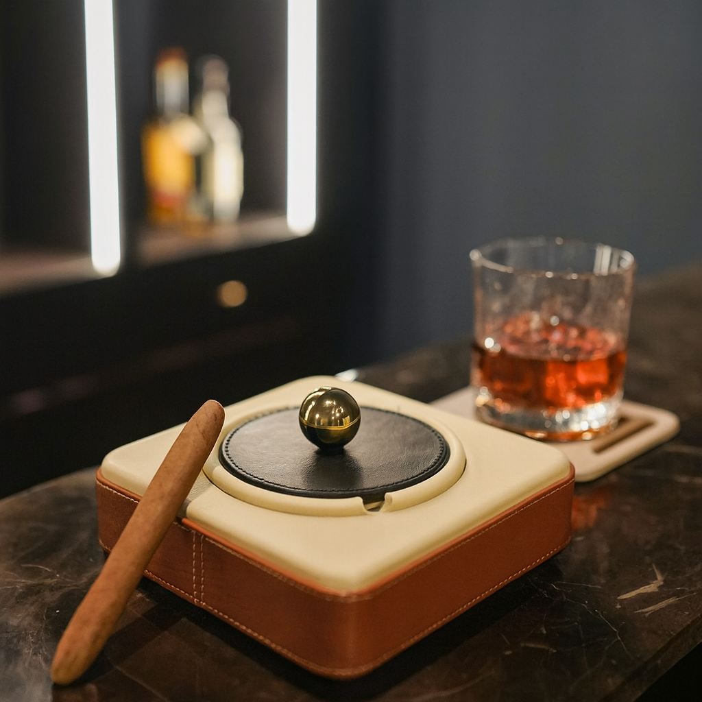 Leather Ash Tray genuine leather brass knob lid luxury organiser - The Mage Home