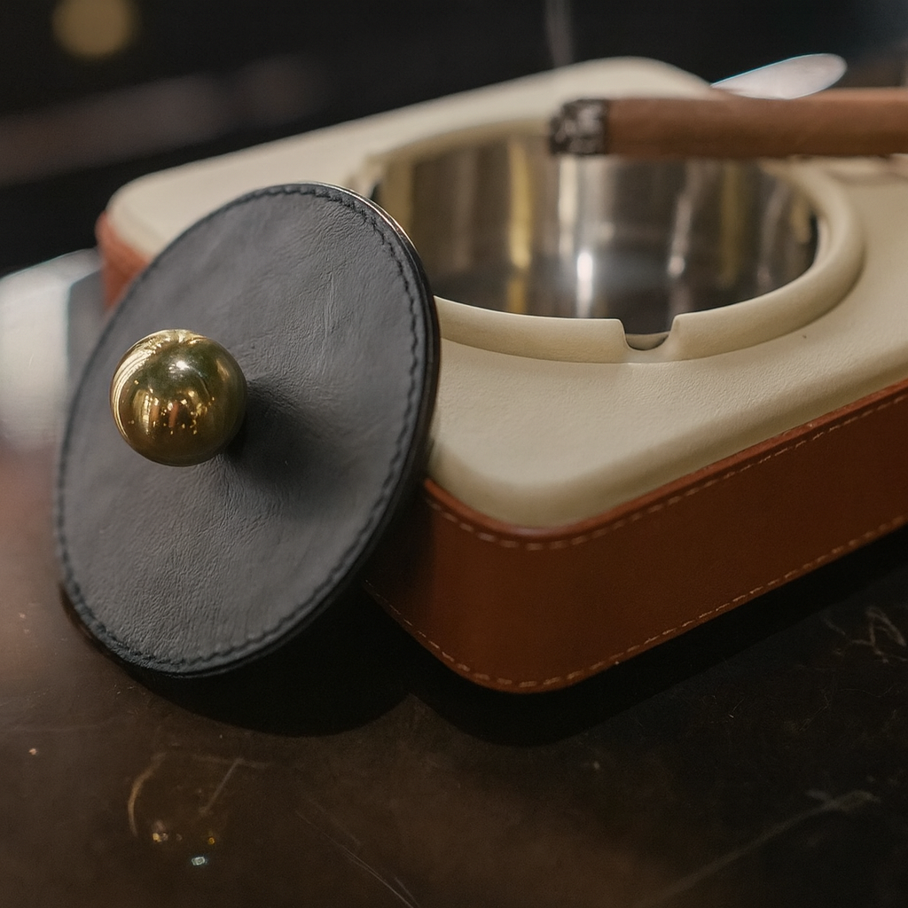 Genuine leather ashtray top down view brass knob detail - The Mage Home