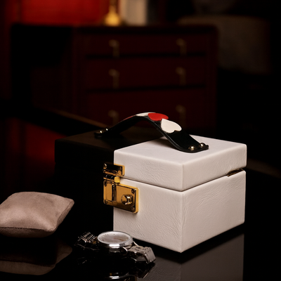 Blue Love Watch Box blue leather heart handle suede interior - The Mage Home
