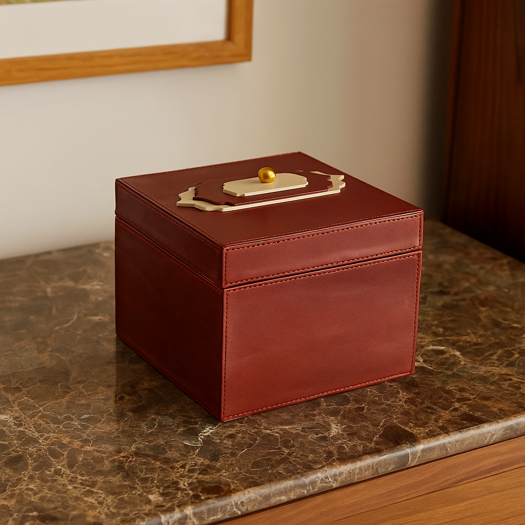 The Knob Box red leather golden brass knob 21x21x16cm storage - The Mage Home