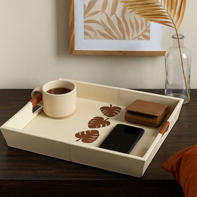 The Botanical Tray brown leather botanical leaf design tray India - The Mage Home