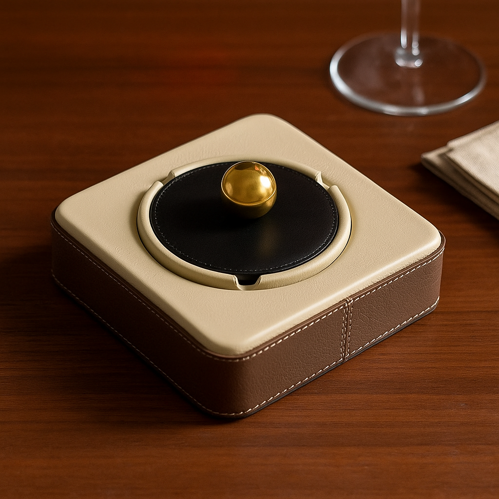 Leather Ash Tray Grey grey leather ashtray with brass knob India - The Mage Home