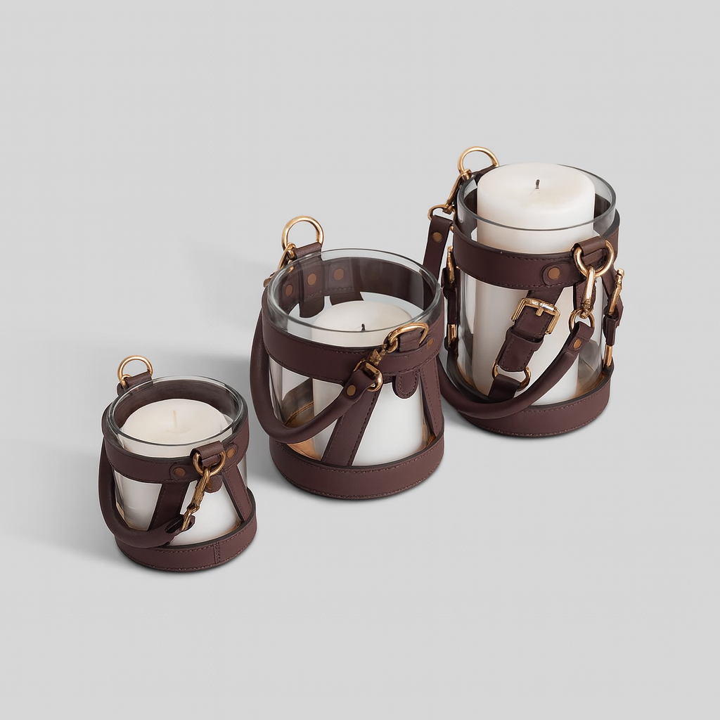 Small hurricane candle holder with candle lit India The Mage Home
