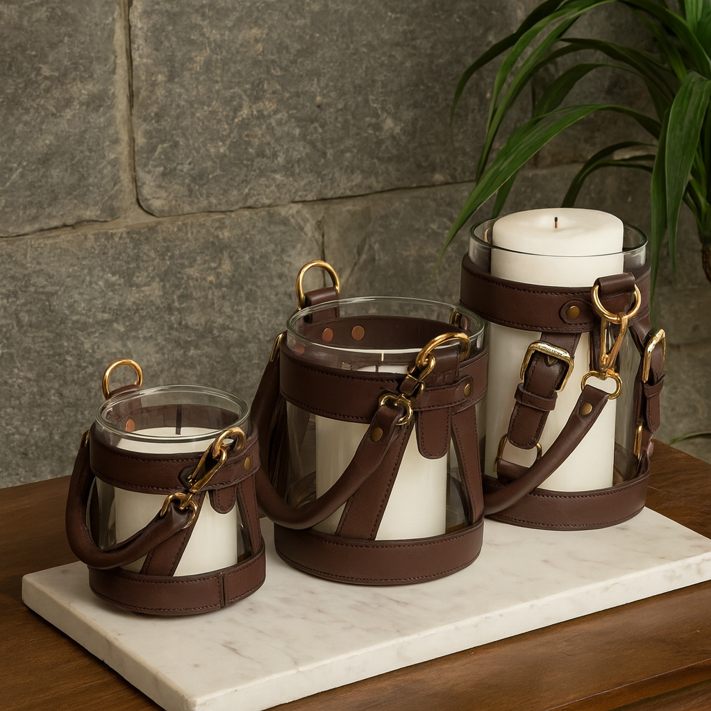 Hurricane Candle Holders combo set large and small leather hurricane candle holders India - The Mage Home