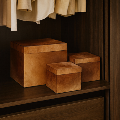 Hairon wardrobe boxes set close up natural texture India - The Mage Home