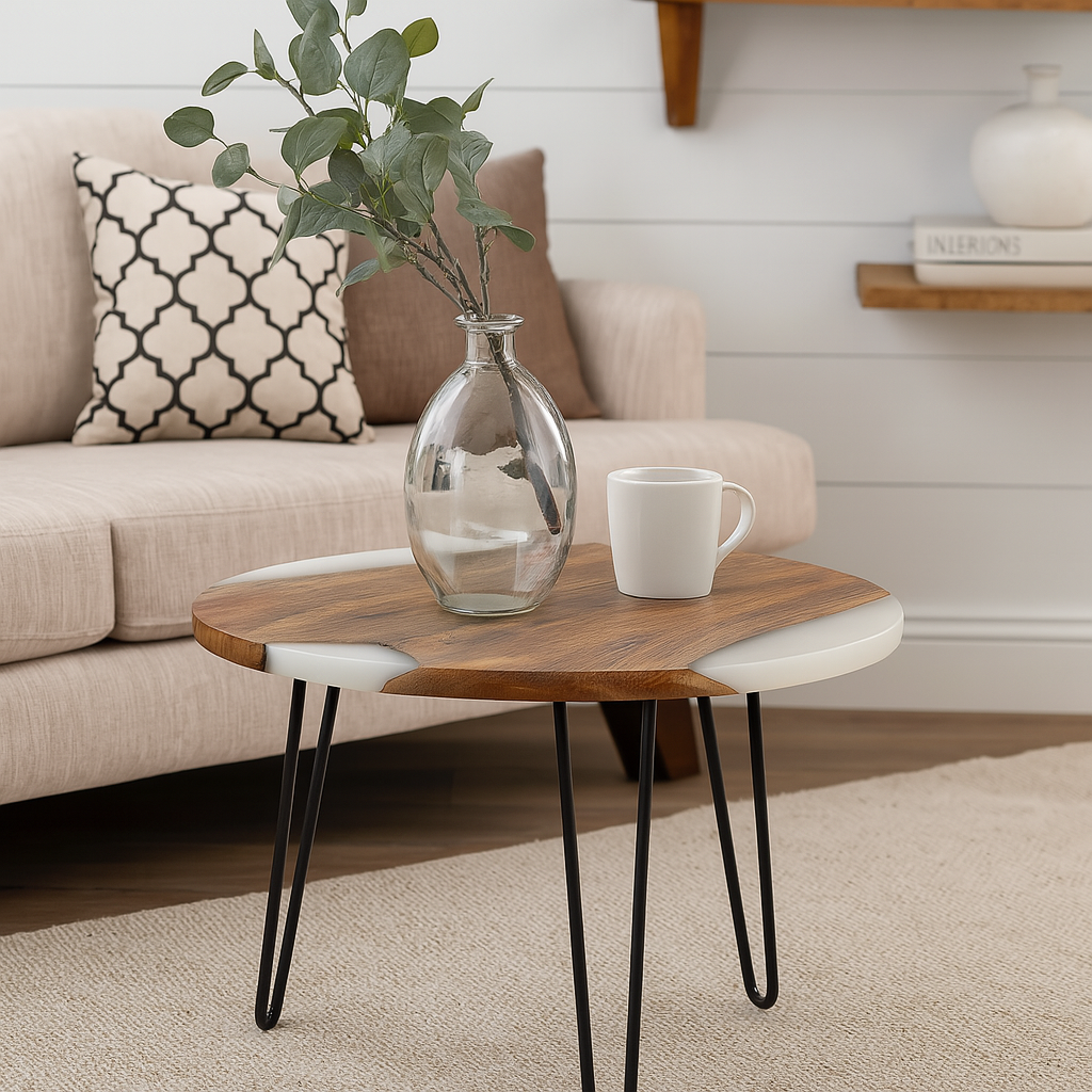 Round Side Table with Hairpin Legs, Wooden and Resin Top with Metal Base