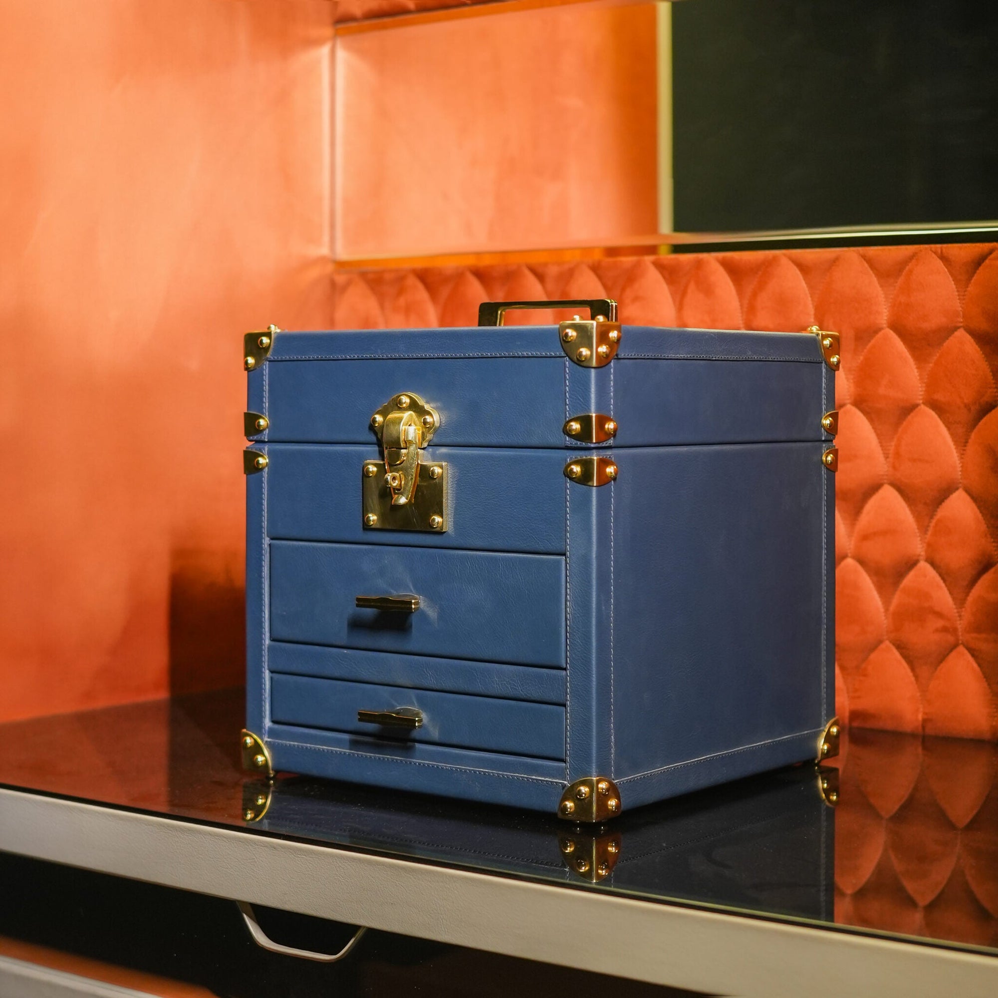 Dark blue leather jewellery box open drawers suede interior - The Mage Home