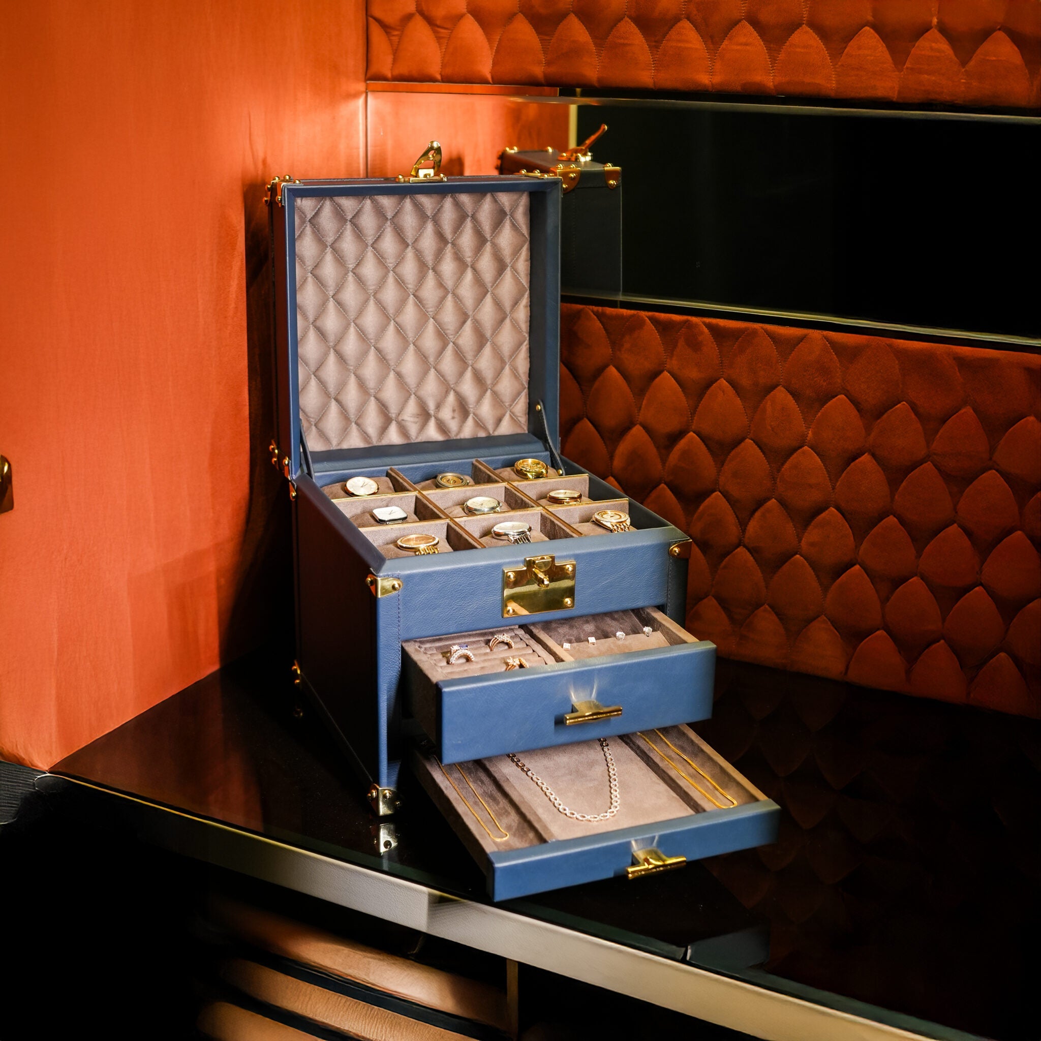 Leather jewellery organiser top compartment 2 pull out drawers - The Mage Home