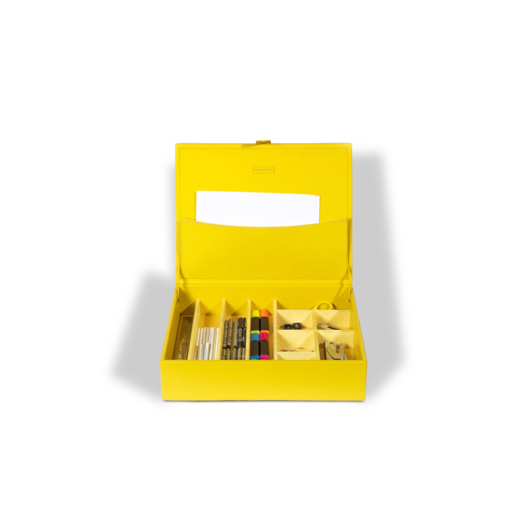 Yellow leather stationery box open compartments desk organiser - The Mage Home