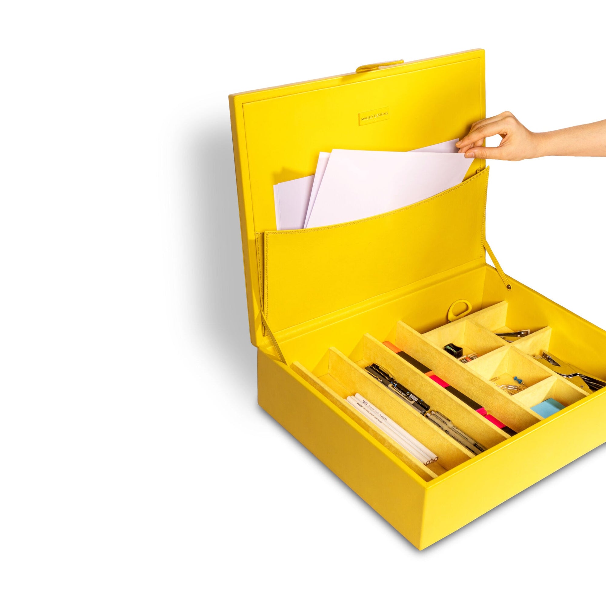 Yellow stationery leather box side view India luxury gift - The Mage Home