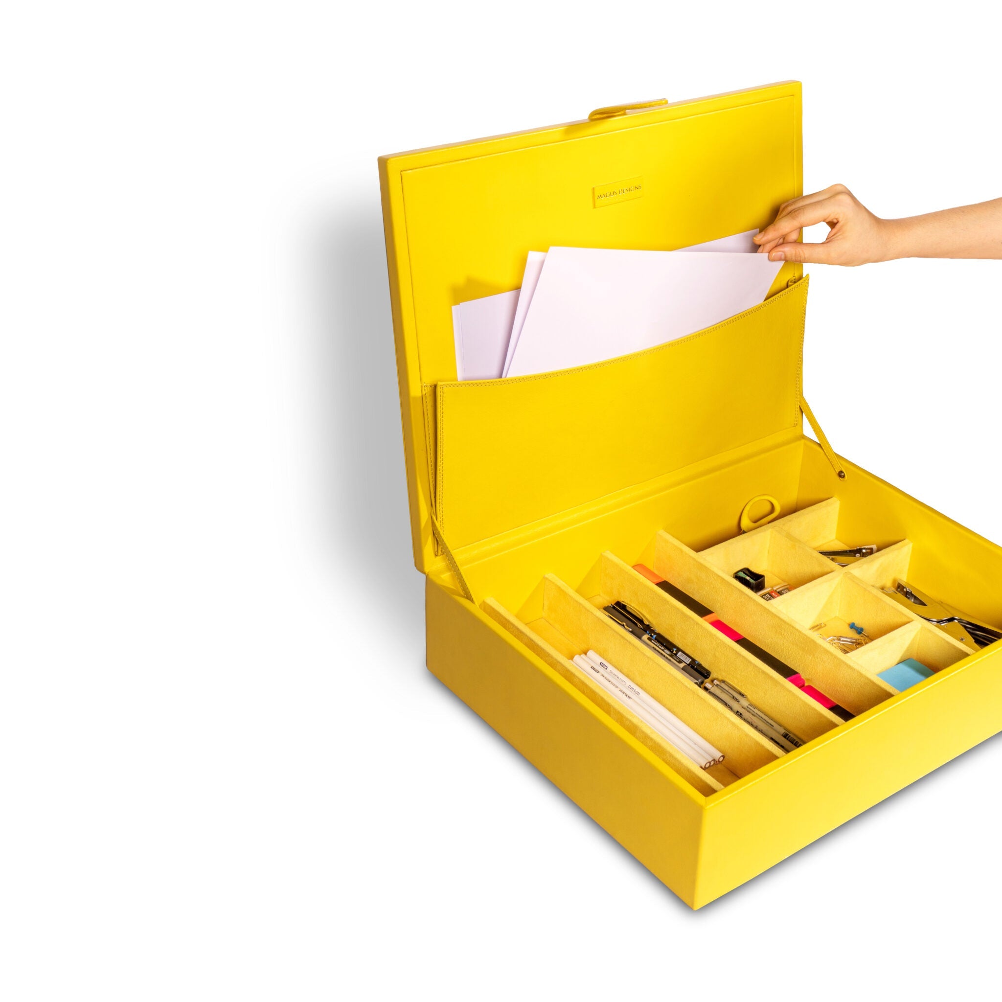 Yellow stationery leather box side view India luxury gift - The Mage Home