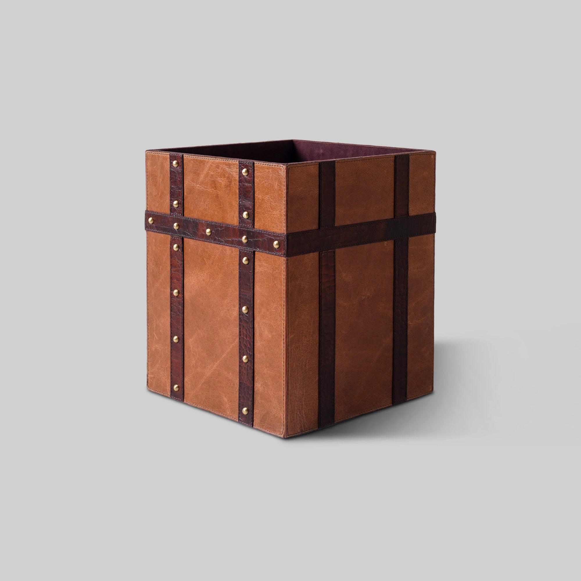Leather nailed bin top view interior storage - The Mage Home