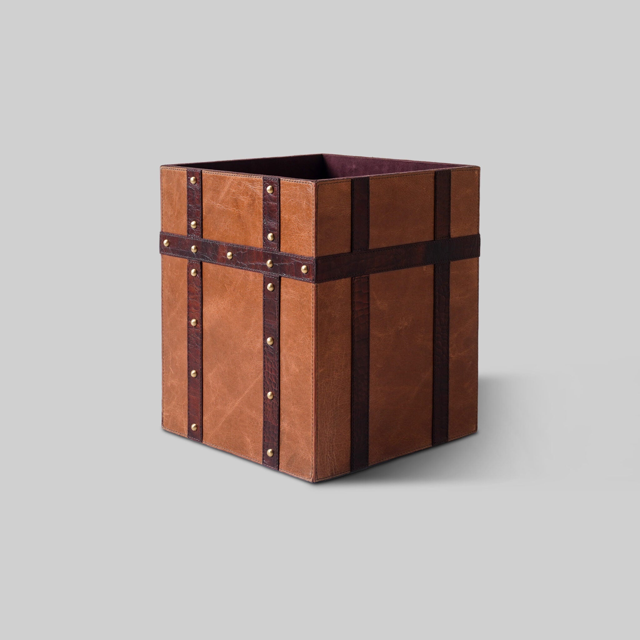 Leather nailed bin top view interior storage - The Mage Home