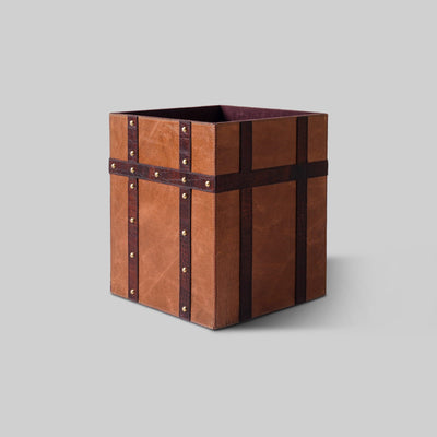Leather nailed bin top view interior storage - The Mage Home