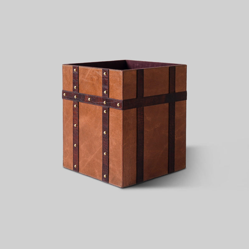 Leather nailed bin top view interior storage - The Mage Home