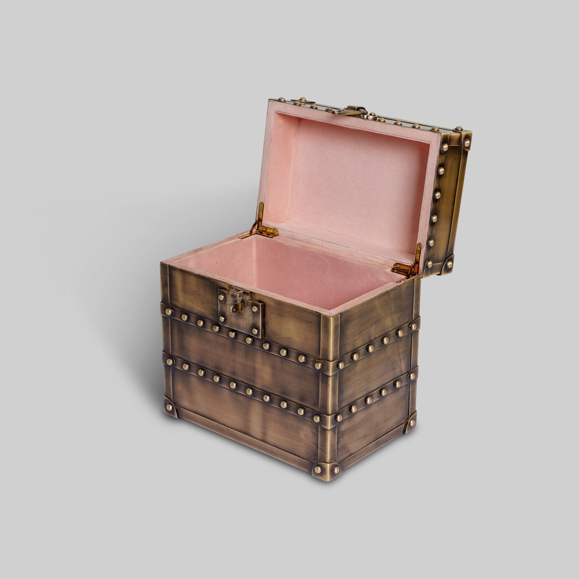 Premium golden leather trunk box side view detail - The Mage Home