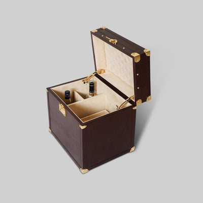 Leather trunk bar open full bar setup bottles glasses tools - The Mage Home