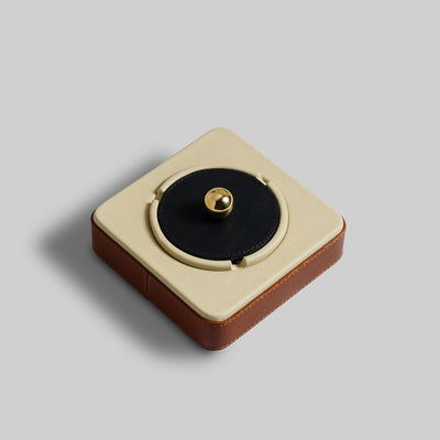 Brown leather ashtray with brass knob desk organiser India - The Mage Home