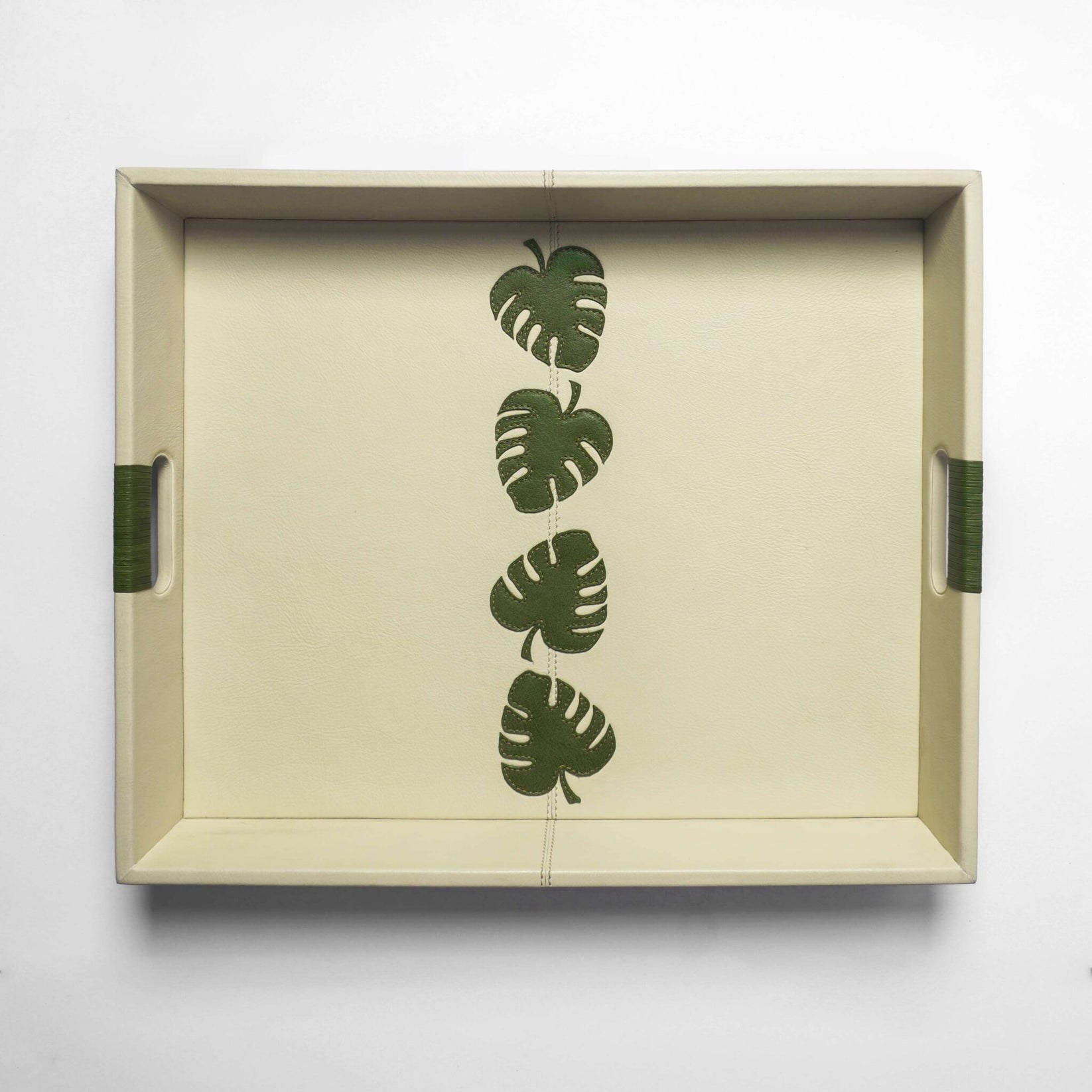 Botanical leather tray close up leaf pattern detail India - The Mage Home