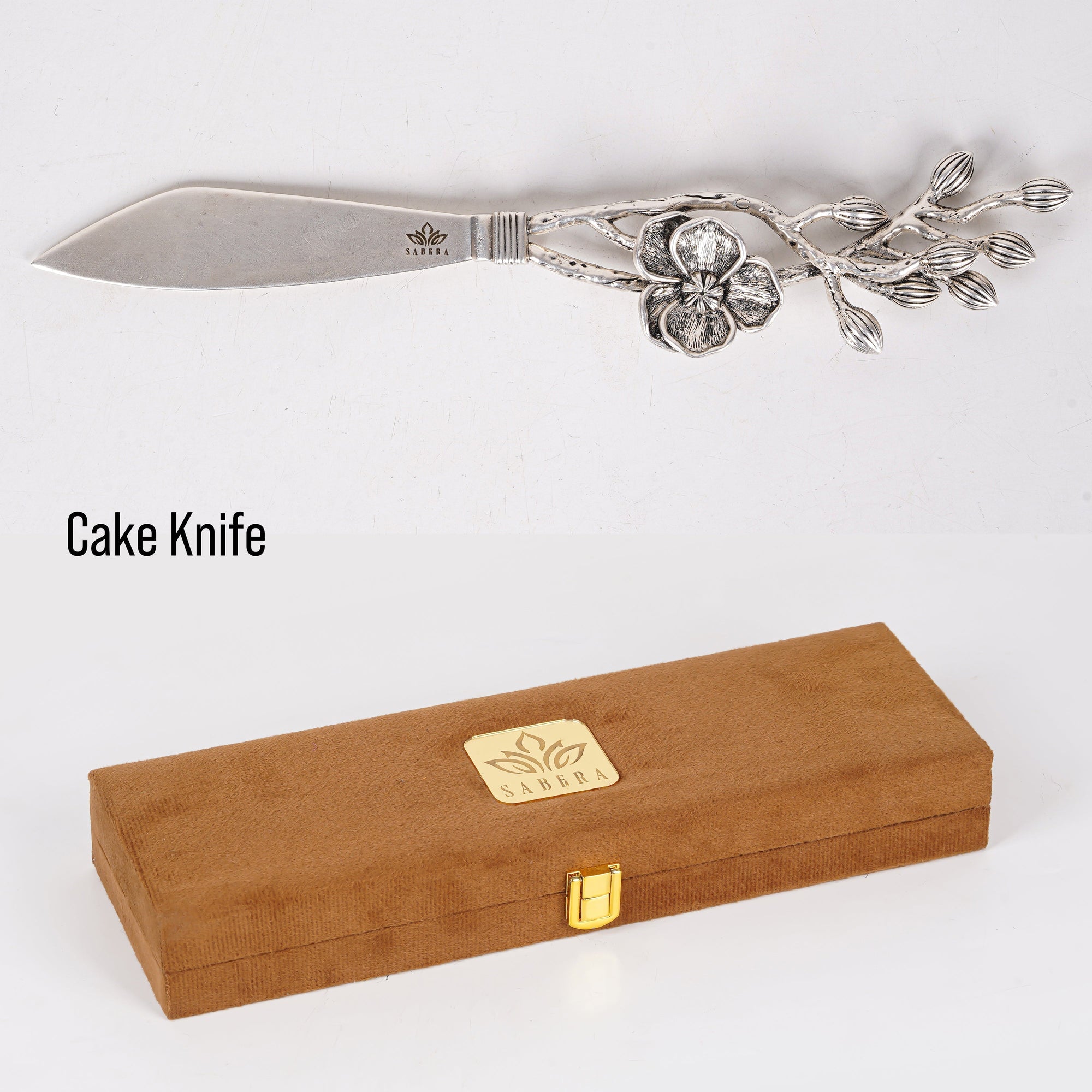 Luxury Floral Silver Cake Knife – Designer Celebration Knife with Sculpted Flower Handle