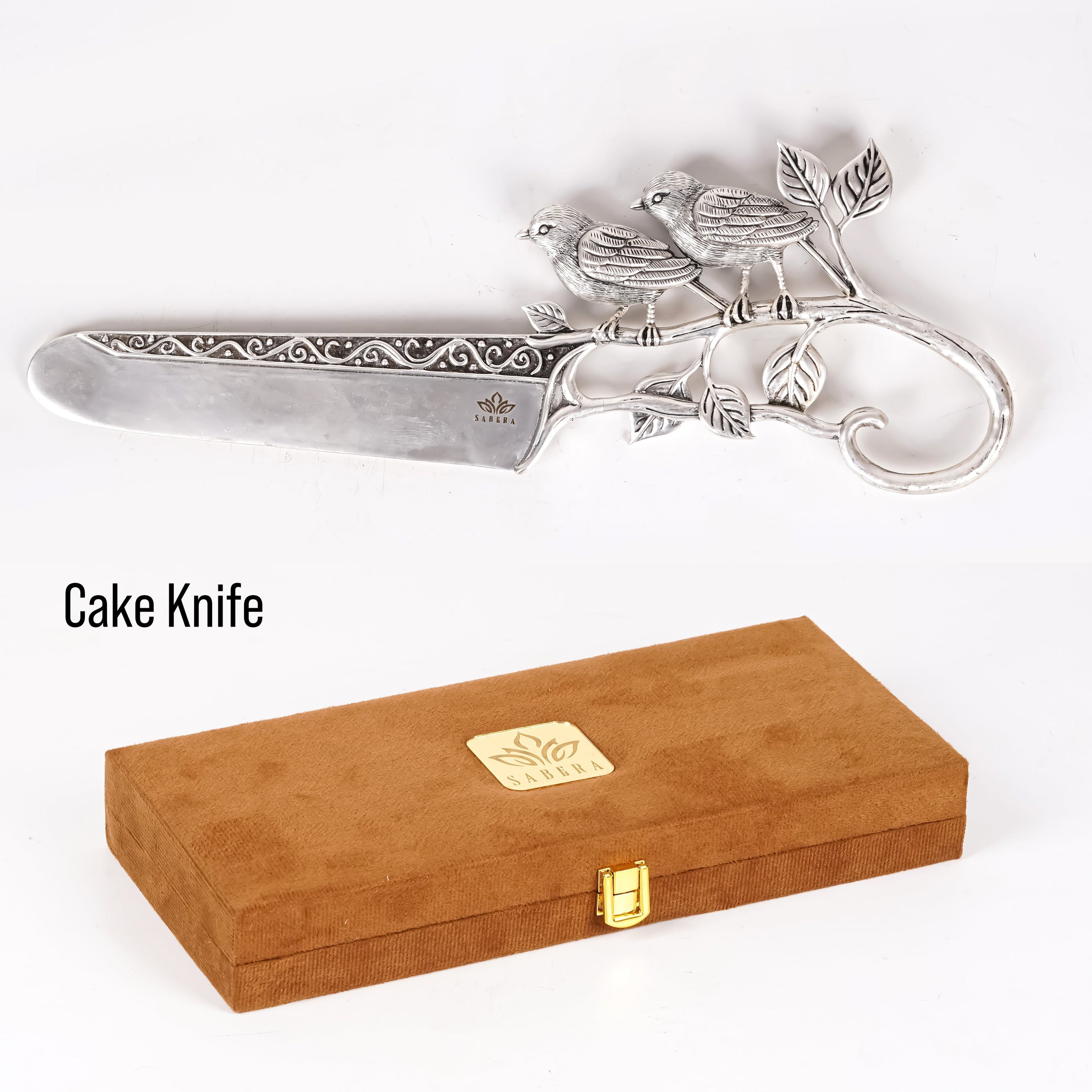 Luxury Silver Cake Knife with Twin Bird Motif – Designer Celebration Knife