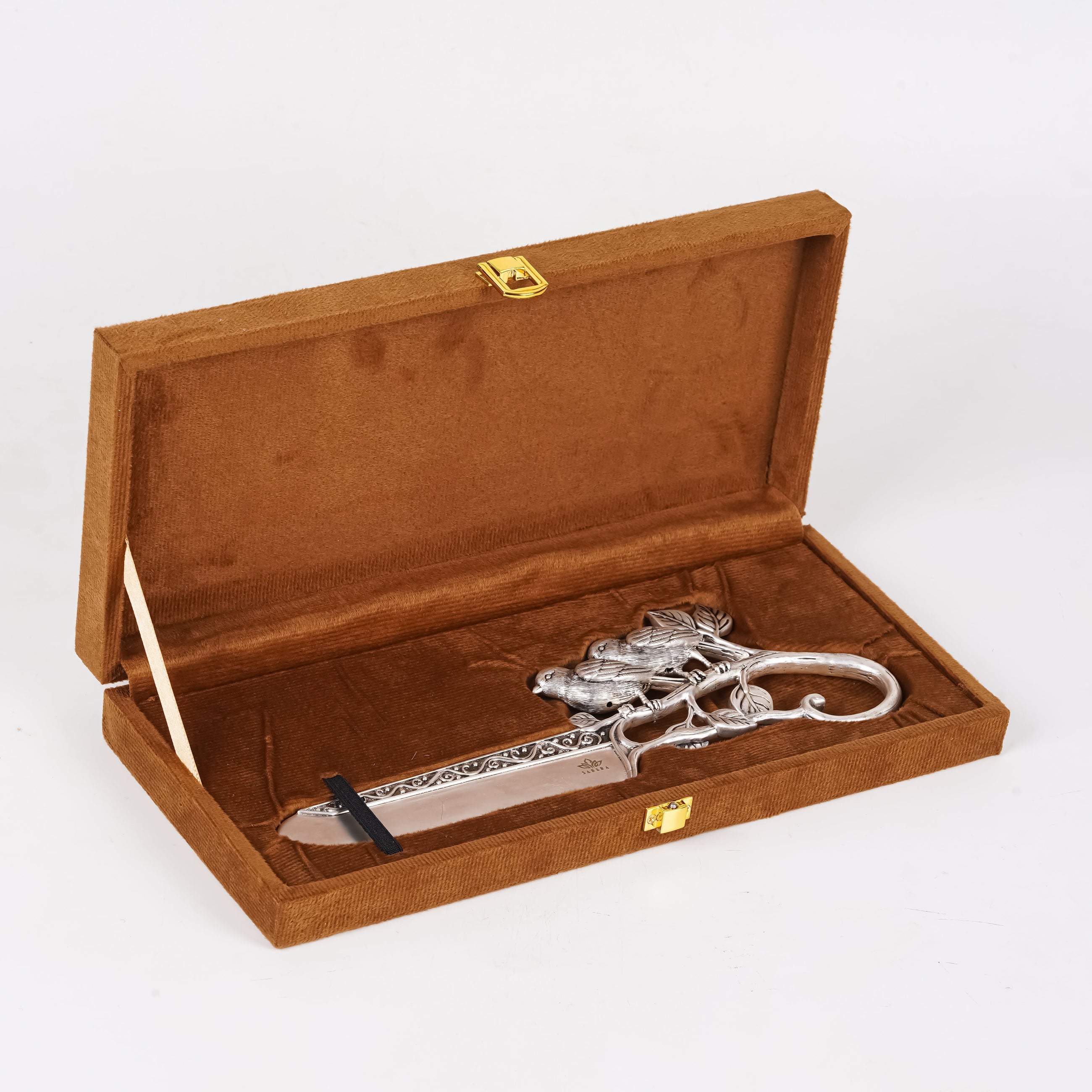 Luxury Silver Cake Knife with Twin Bird Motif – Designer Celebration Knife