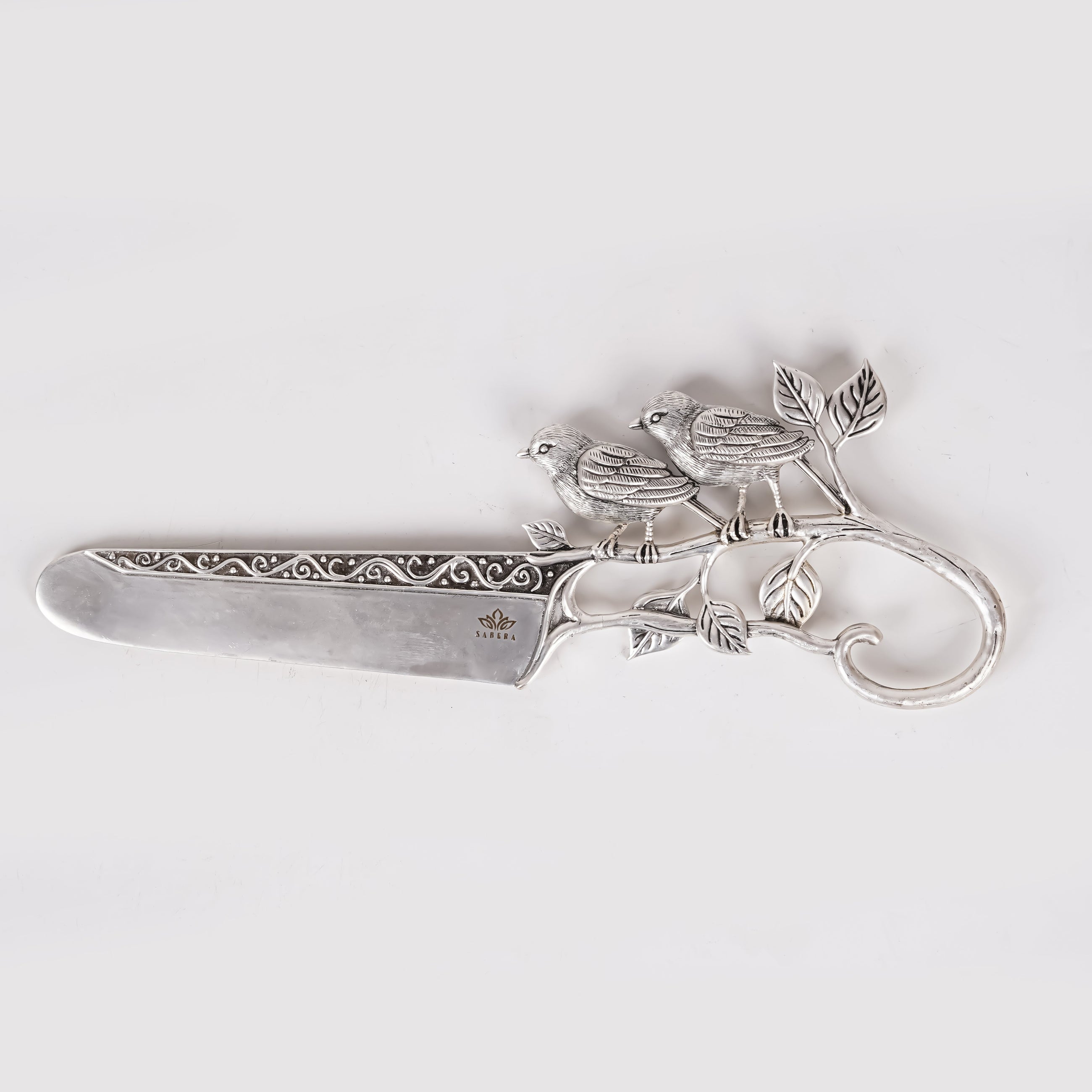 Luxury Silver Cake Knife with Twin Bird Motif – Designer Celebration Knife