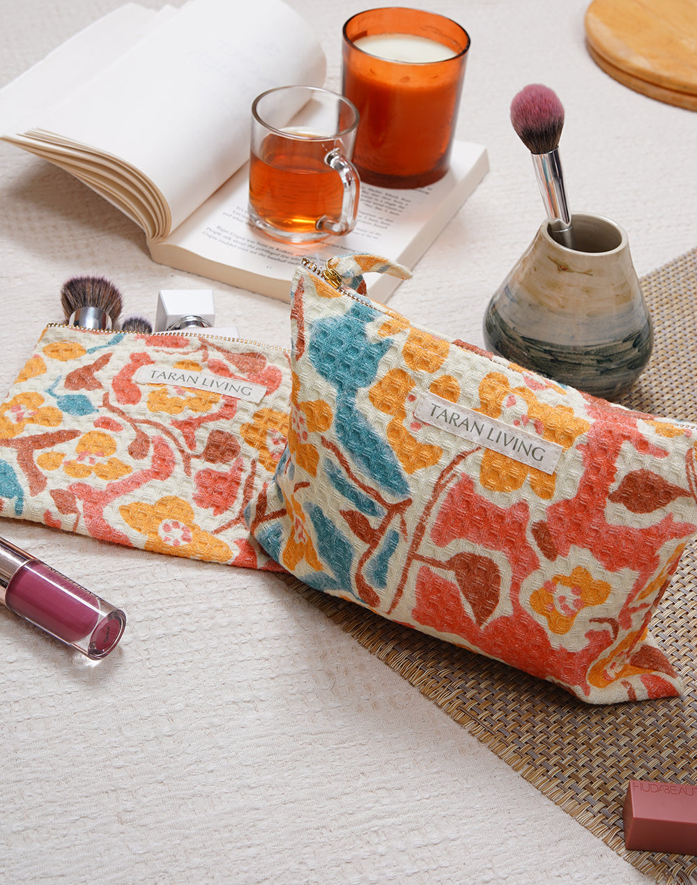 Flower Charm Waffle Pouch With PVC Lining