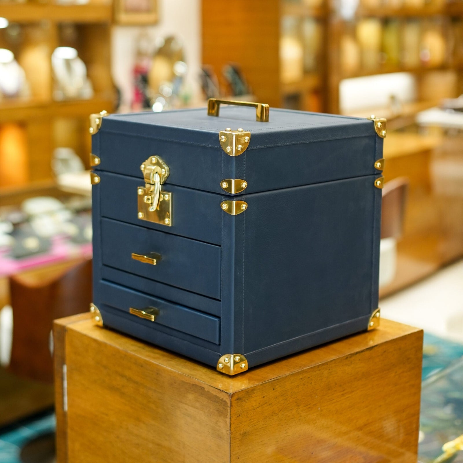 Leather Jewellery Box dark blue suede 2 drawers brass 31x31x31cm India - The Mage Home