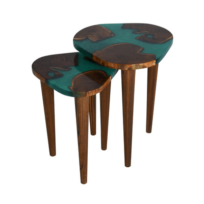 Nesting Table Set of 2 – Teak Wood with Pearl Green Resin Finish