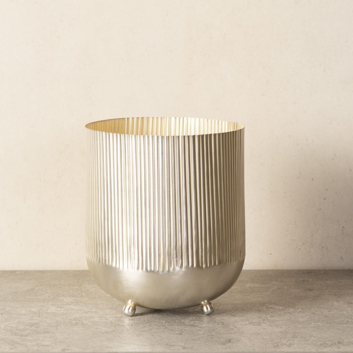 Ripple Cut Brass Dustbin/Planter - Low Key Silver