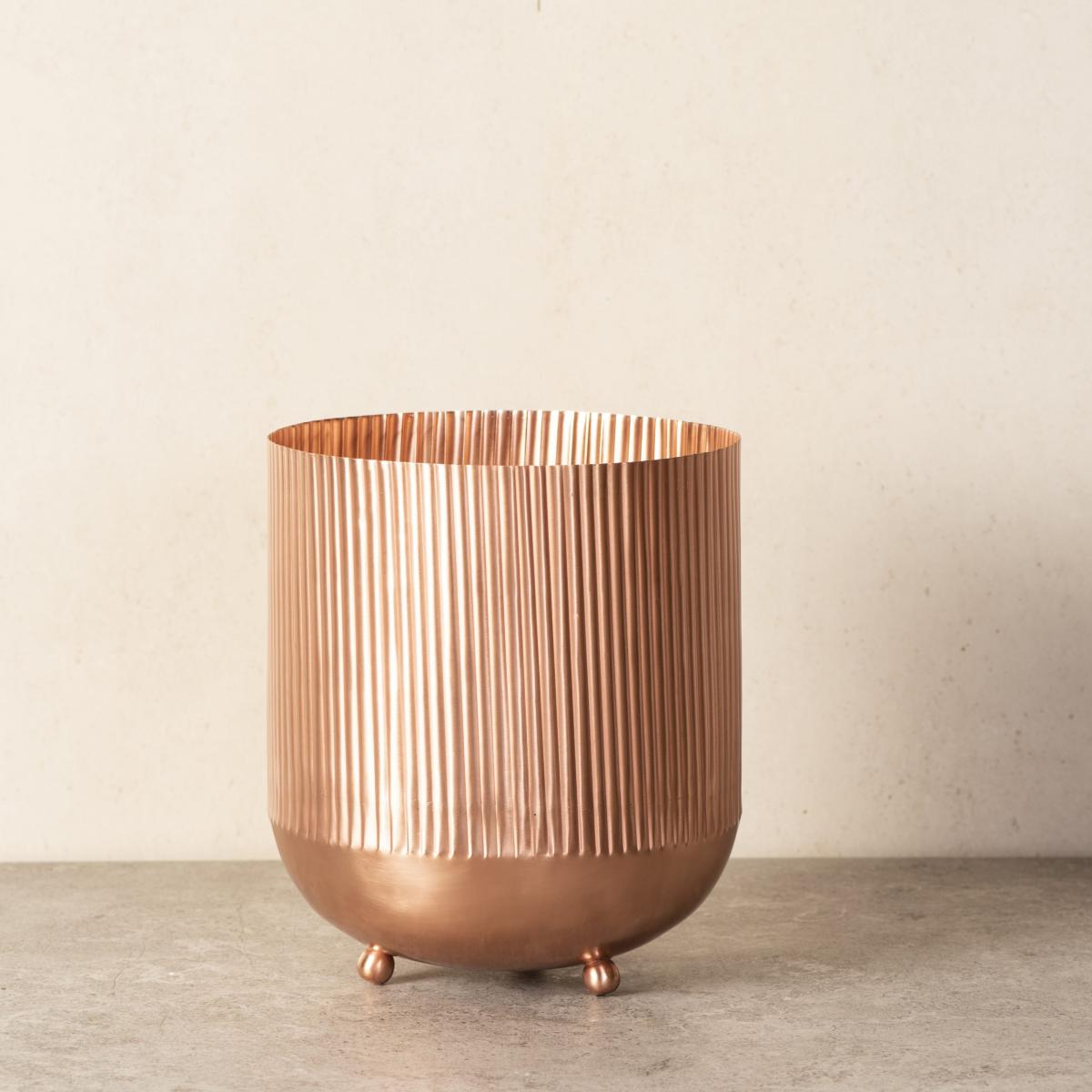 Ripple Cut Brass Dustbin/Planter - Dusky Rose Gold