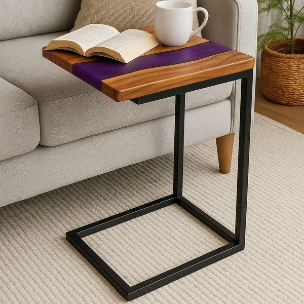Teak Wood Epoxy End Table – Violet Resin Finish
