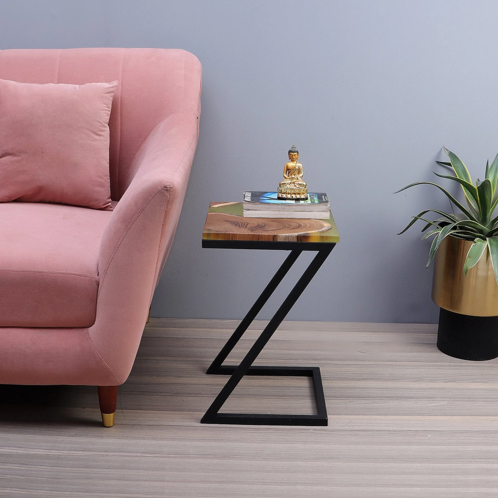 Epoxy Solid Wood End Table – Teak Wood with Lemon Resin Finish