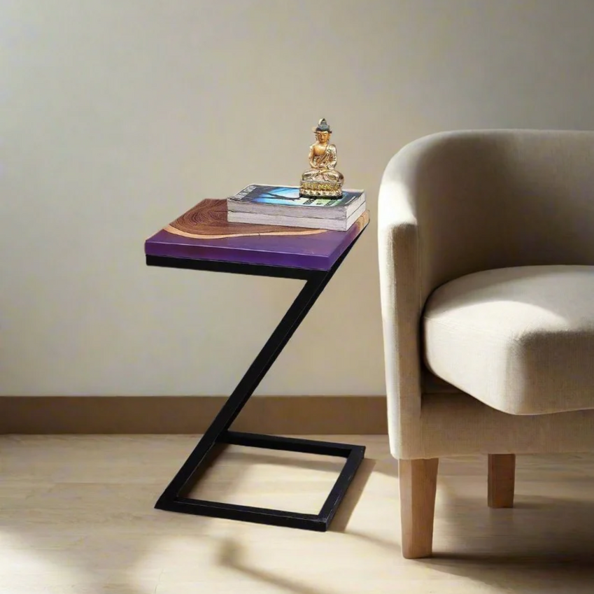 Epoxy Solid Wood End Table – Teak Wood with Violet Resin Finish