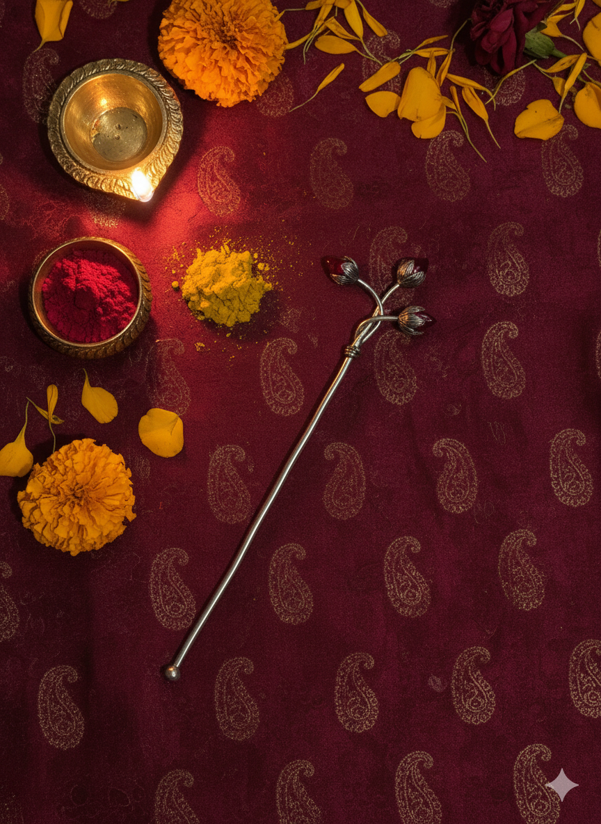 Trishakti Tilak Stick – Silver Finish Sacred Tilak Applicator with Triple Lotus Ends